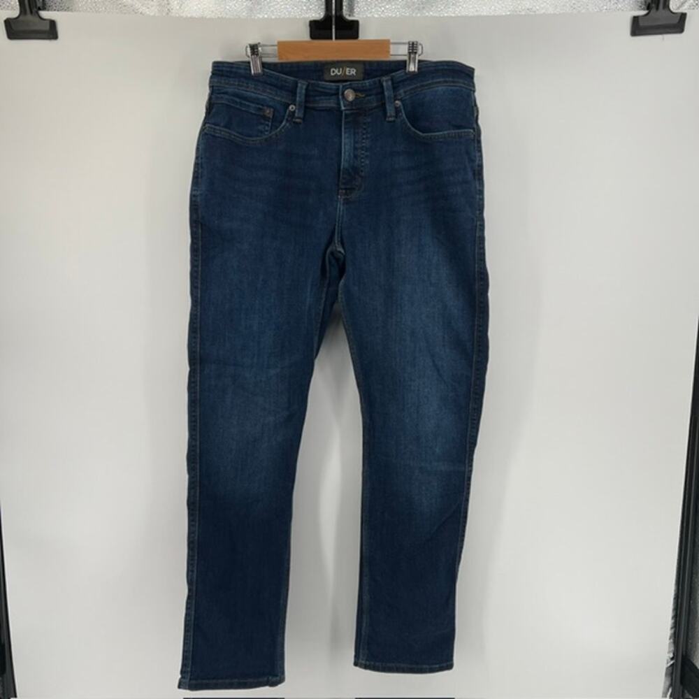 DUER Men's Performance Denim Jeans Relaxed Taper 33x32 Dark WashStretch QuickDry